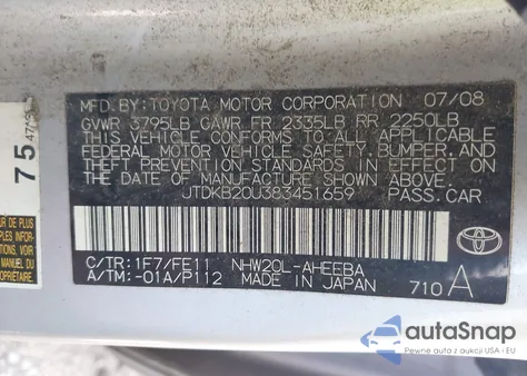 2008 Toyota Prius из США, поврежденный, VIN JTDKB20U383451659